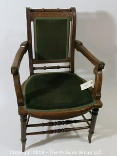 Furniture: Vintage: Antique: Carved Sleigh-style Spindle Arm Chair w/ Green Velvet; 21 1/2"W x 18 1/2"D x 36"T