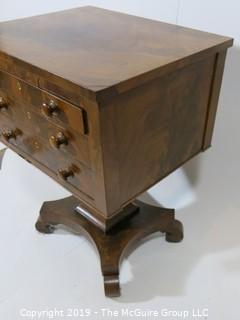 Furniture: Vintage: Antique: 3-drawer Pedestal Work Table with Quatrefoil Scrolled Feet; Bookmatched Veneers and Original pulls; (see all photos)