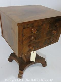 Furniture: Vintage: Antique: 3-drawer Pedestal Work Table with Quatrefoil Scrolled Feet; Bookmatched Veneers and Original pulls; (see all photos)