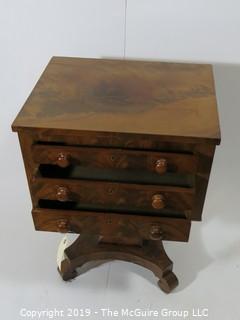 Furniture: Vintage: Antique: 3-drawer Pedestal Work Table with Quatrefoil Scrolled Feet; Bookmatched Veneers and Original pulls; (see all photos)