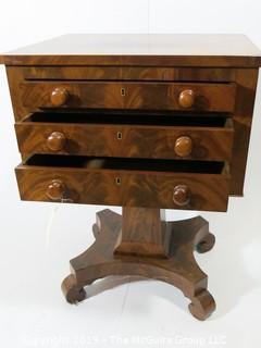 Furniture: Vintage: Antique: 3-drawer Pedestal Work Table with Quatrefoil Scrolled Feet; Bookmatched Veneers and Original pulls; (see all photos)