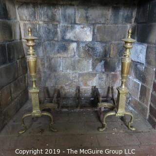 Furniture: Vintage: Antique: Fireplace Items: Brass Andirons, Screen, Tool; 31W x 12D x 26 1/2"T