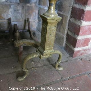 Furniture: Vintage: Antique: Fireplace Items: Brass Andirons, Screen, Tool; 31W x 12D x 26 1/2"T