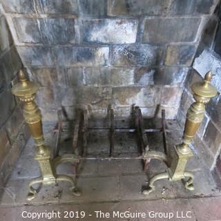 Furniture: Vintage: Antique: Fireplace Items: Brass Andirons, Screen, Tool; 31W x 12D x 26 1/2"T