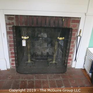 Furniture: Vintage: Antique: Fireplace Items: Brass Andirons, Screen, Tool; 31W x 12D x 26 1/2"T