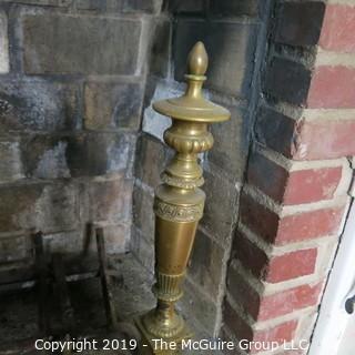 Furniture: Vintage: Antique: Fireplace Items: Brass Andirons, Screen, Tool; 31W x 12D x 26 1/2"T