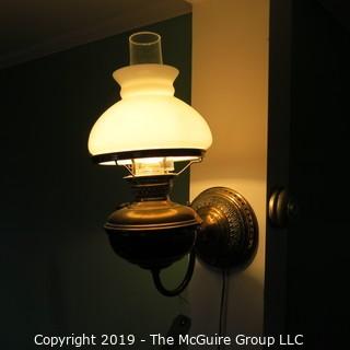 Lighting: Brass Wall Lamp: side-mounted curved white shade