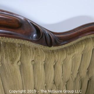 Furniture: Vintage: Antique: Eastlake Carved Green Tufted Velvet Sofa Settee; 70W x 42T x 16" Seat Height