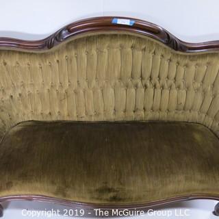 Furniture: Vintage: Antique: Eastlake Carved Green Tufted Velvet Sofa Settee; 70W x 42T x 16" Seat Height