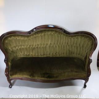 Furniture: Vintage: Antique: Eastlake Carved Green Tufted Velvet Sofa Settee; 70W x 42T x 16" Seat Height