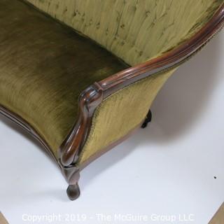 Furniture: Vintage: Antique: Eastlake Carved Green Tufted Velvet Sofa Settee; 70W x 42T x 16" Seat Height