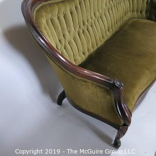 Furniture: Vintage: Antique: Eastlake Carved Green Tufted Velvet Sofa Settee; 70W x 42T x 16" Seat Height