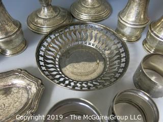 Collectible: Silver: Collection of Sterling including napkin rings, salt and pepper shakers and weighted candlesticks; 650g total weight