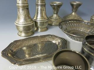 Collectible: Silver: Collection of Sterling including napkin rings, salt and pepper shakers and weighted candlesticks; 650g total weight