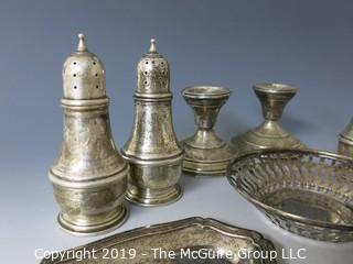 Collectible: Silver: Collection of Sterling including napkin rings, salt and pepper shakers and weighted candlesticks; 650g total weight