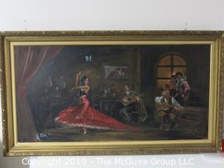 "Swirling Tango Dancer"; c 1910; framed Oil on Canvas, signed Rollen; 30 x 54"