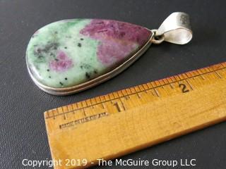 Jewelry: Silver: Handmade 2" Tear-drop Pendant in sterling setting: Ruby in Zoisite 