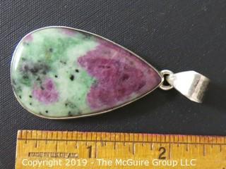 Jewelry: Silver: Handmade 2" Tear-drop Pendant in sterling setting: Ruby in Zoisite 