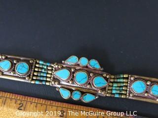 Jewelry: Costume Bracelet: Bronze Tone and Turquoise; 6.5"