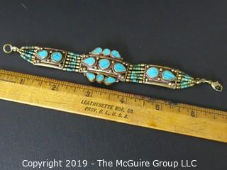 Jewelry: Costume Bracelet: Bronze Tone and Turquoise; 6.5"