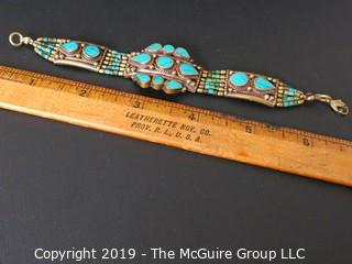 Jewelry: Costume Bracelet: Bronze Tone and Turquoise; 6.5"