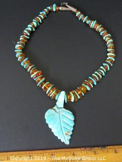 Jewelry: Necklace: silver: 18" turquoise and amber necklace; likely coin silver; carved leaf is broken from strand