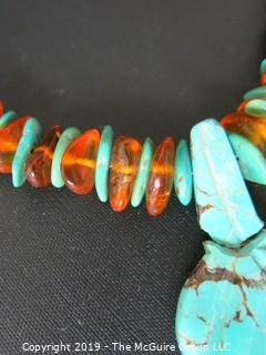 Jewelry: Necklace: silver: 18" turquoise and amber necklace; likely coin silver; carved leaf is broken from strand