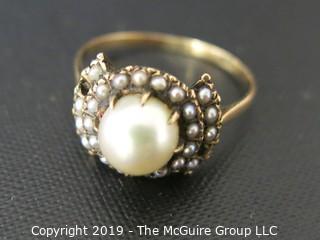 Jewelry: Gold: Ring: 14kt pearl ring, size 6; center pearl with seed pearl border (2 missing)L 2 grams