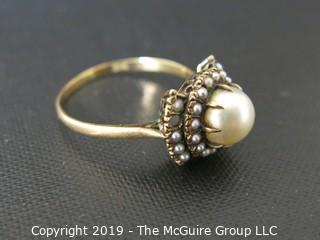 Jewelry: Gold: Ring: 14kt pearl ring, size 6; center pearl with seed pearl border (2 missing)L 2 grams