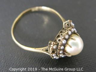 Jewelry: Gold: Ring: 14kt pearl ring, size 6; center pearl with seed pearl border (2 missing)L 2 grams