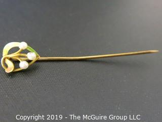 Jewelry: Gold: Pin: Art Nouveau enameled 14kt yellow gold stick pin with 3-seed pearls 