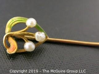 Jewelry: Gold: Pin: Art Nouveau enameled 14kt yellow gold stick pin with 3-seed pearls 