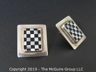 Jewelry: sterling: Post Earrings: Checkerboard motif (1 clutch back missing)