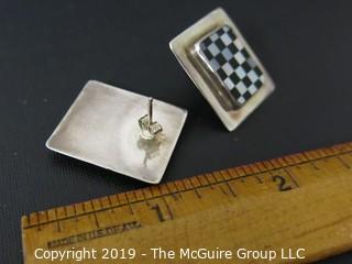 Jewelry: sterling: Post Earrings: Checkerboard motif (1 clutch back missing)