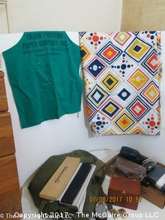 Collection including mid-century fabric; advertising apron; NIB Pierre Cardin tie; U.S. Army duffle and Honeywell desk thermometer