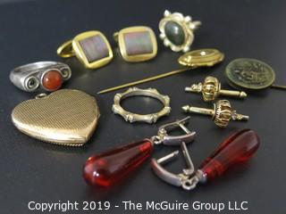 Jewelry: Collection of jewelry including earrings, cufflinks, stick pin, rings and locket