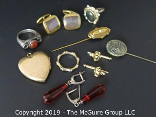 Jewelry: Collection of jewelry including earrings, cufflinks, stick pin, rings and locket