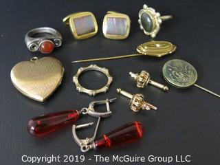 Jewelry: Collection of jewelry including earrings, cufflinks, stick pin, rings and locket