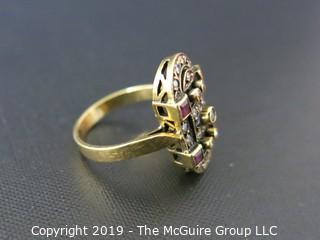 Jewelry: Gold: Ring: 18kt Yellow Gold ring; size 6; 4 square cut rubies; 5 bezel set and 18 2 prong set diamonds