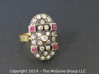 Jewelry: Gold: Ring: 18kt Yellow Gold ring; size 6; 4 square cut rubies; 5 bezel set and 18 2 prong set diamonds