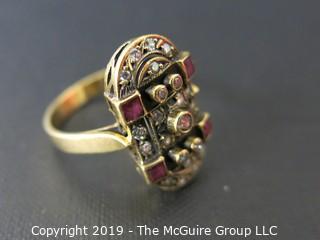 Jewelry: Gold: Ring: 18kt Yellow Gold ring; size 6; 4 square cut rubies; 5 bezel set and 18 2 prong set diamonds