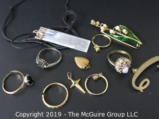 Jewelry: Assortment of costume jewelry including 1 sterling pin. 2.25" enameled leaves and seed pearls