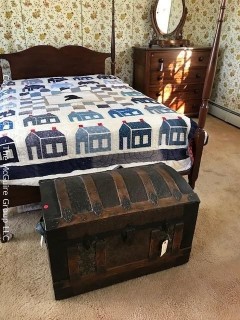 Furniture: Vintage: Four Poster Bed Frame, mattress, linens and commemorative Patrick Henry quilt; frame 56 x 82; posts are 65"T  MUST REMOVE ALL