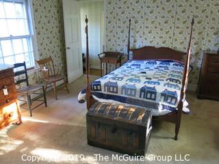 Furniture: Vintage: Four Poster Bed Frame, mattress, linens and commemorative Patrick Henry quilt; frame 56 x 82; posts are 65"T  MUST REMOVE ALL