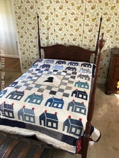 Furniture: Vintage: Four Poster Bed Frame, mattress, linens and commemorative Patrick Henry quilt; frame 56 x 82; posts are 65"T  MUST REMOVE ALL