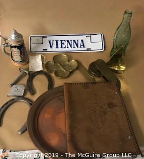 Eclectic Collection including Vienna #1 Plate; Alexandria, VA Coke Bottle; small German Beerstein; horseshoes and vintage leather folio 