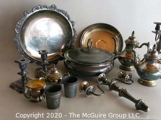 Group of Silver Plate Serving pieces, Candle Stick and Candelabra 