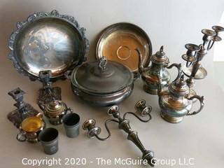 Group of Silver Plate Serving pieces, Candle Stick and Candelabra 