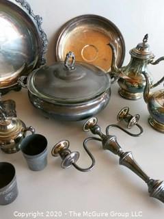 Group of Silver Plate Serving pieces, Candle Stick and Candelabra 