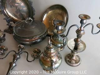 Group of Silver Plate Serving pieces, Candle Stick and Candelabra 